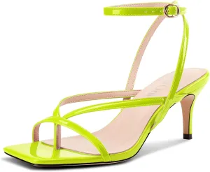 DearOnly Womens Square Toe Thong Strappy Kitten Heels Ankle Strap Party Dress Shoes Mid Heel Sandals 2.6 Inches Heels