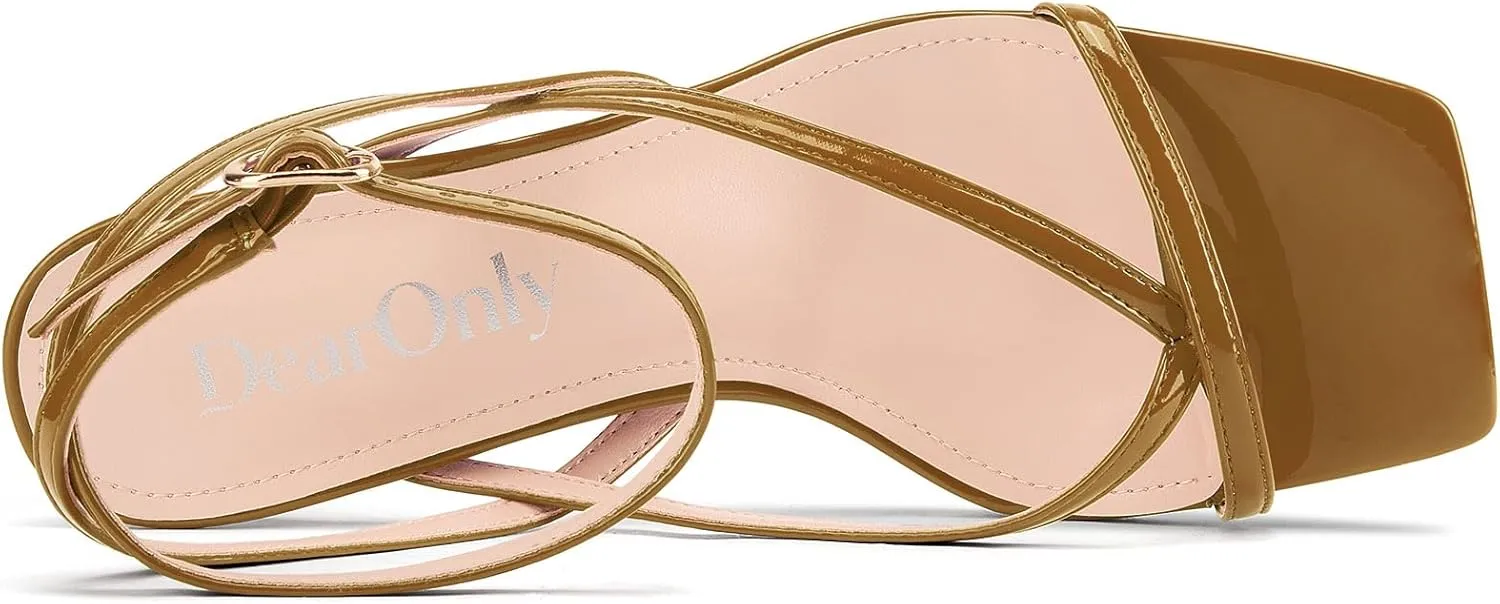 DearOnly Womens Square Toe Thong Strappy Kitten Heels Ankle Strap Party Dress Shoes Mid Heel Sandals 2.6 Inches Heels