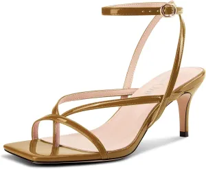 DearOnly Womens Square Toe Thong Strappy Kitten Heels Ankle Strap Party Dress Shoes Mid Heel Sandals 2.6 Inches Heels