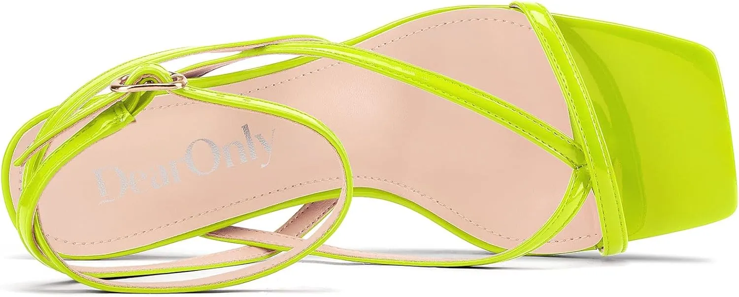 DearOnly Womens Square Toe Thong Strappy Kitten Heels Ankle Strap Party Dress Shoes Mid Heel Sandals 2.6 Inches Heels