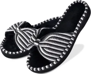 DL Women's Memory Foam Open Toe Slide Slippers with Cute Bow and Cozy Terry Lining, Slip-on House Shoes Spa Mules Sandals with Indoor Outdoor Rubber Sole, Black, 11-12