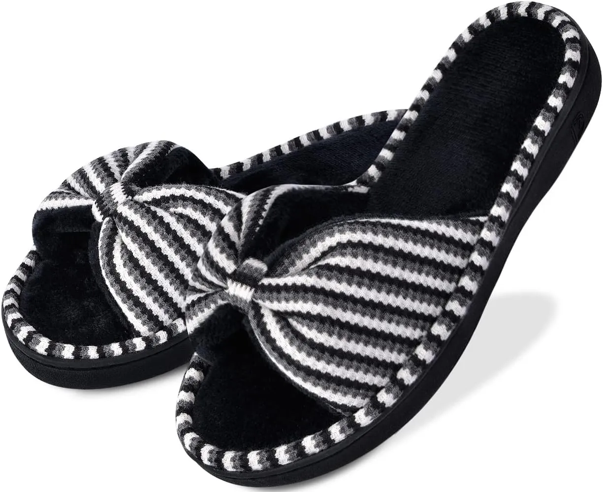 DL Women's Memory Foam Open Toe Slide Slippers with Cute Bow and Cozy Terry Lining, Slip-on House Shoes Spa Mules Sandals with Indoor Outdoor Rubber Sole, Black, 11-12