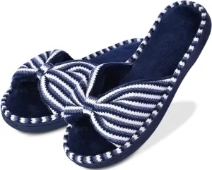DL Women's Memory Foam Open Toe Slide Slippers with Cute Bow and Cozy Terry Lining, Slip-on House Shoes Spa Mules Sandals with Indoor Outdoor Rubber Sole, Navy, 5-6