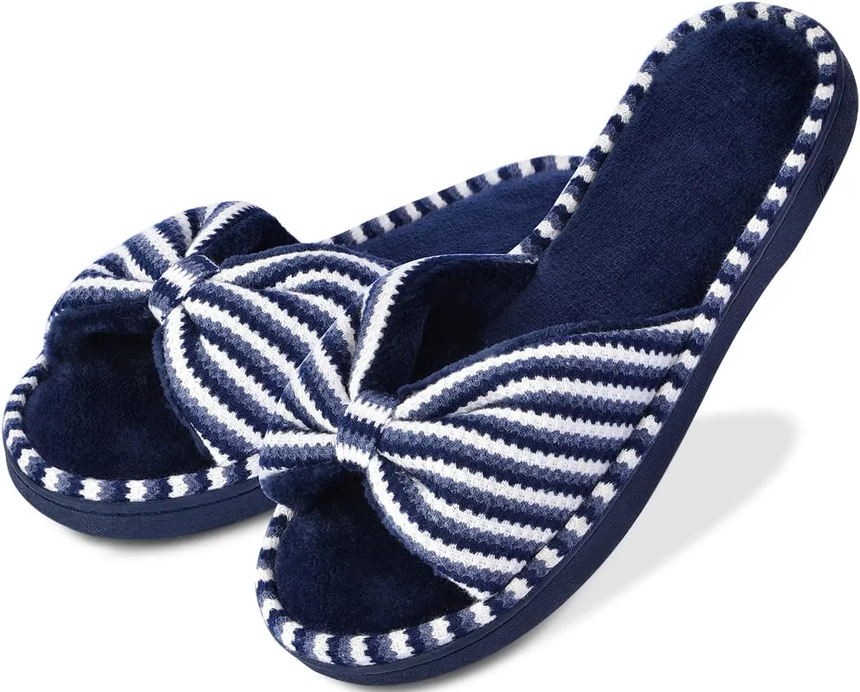 DL Women's Memory Foam Open Toe Slide Slippers with Cute Bow and Cozy Terry Lining, Slip-on House Shoes Spa Mules Sandals with Indoor Outdoor Rubber Sole, Navy, 5-6