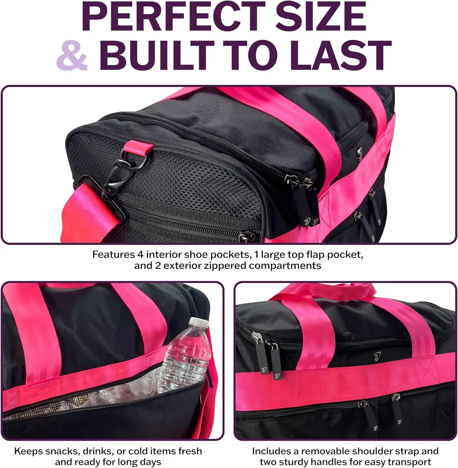 Dream Duffel Elevate Gym Bag, Sports Duffle with Shoe Pockets, Insulated Compartment, and Durable Design, 19"x12"x11.5", Pink