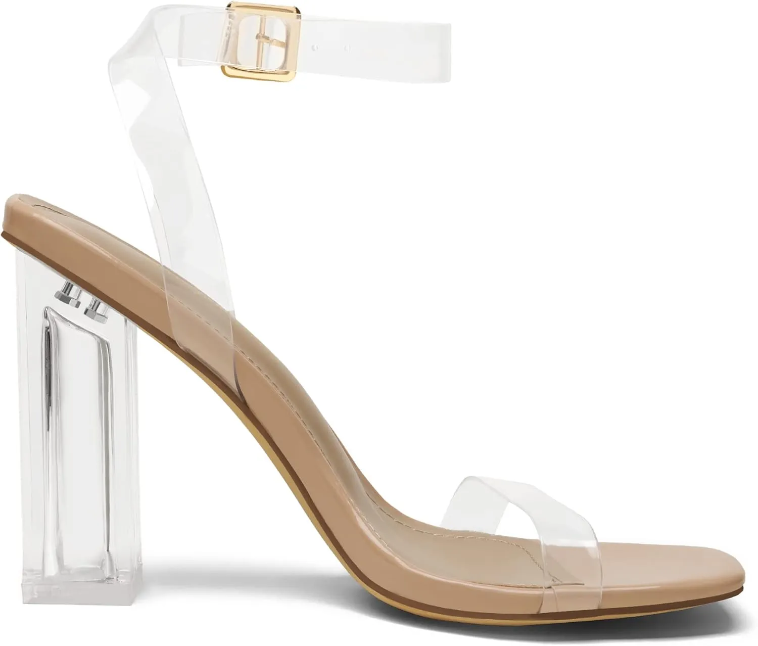 DREAM PAIRS Women's Chunky Clear High Heels Sandals, Rhinestone Ankle Strap Open Square Toe Block Heels Cute Sparkly Heels