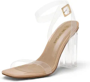 DREAM PAIRS Women's Chunky Clear High Heels Sandals, Rhinestone Ankle Strap Open Square Toe Block Heels Cute Sparkly Heels