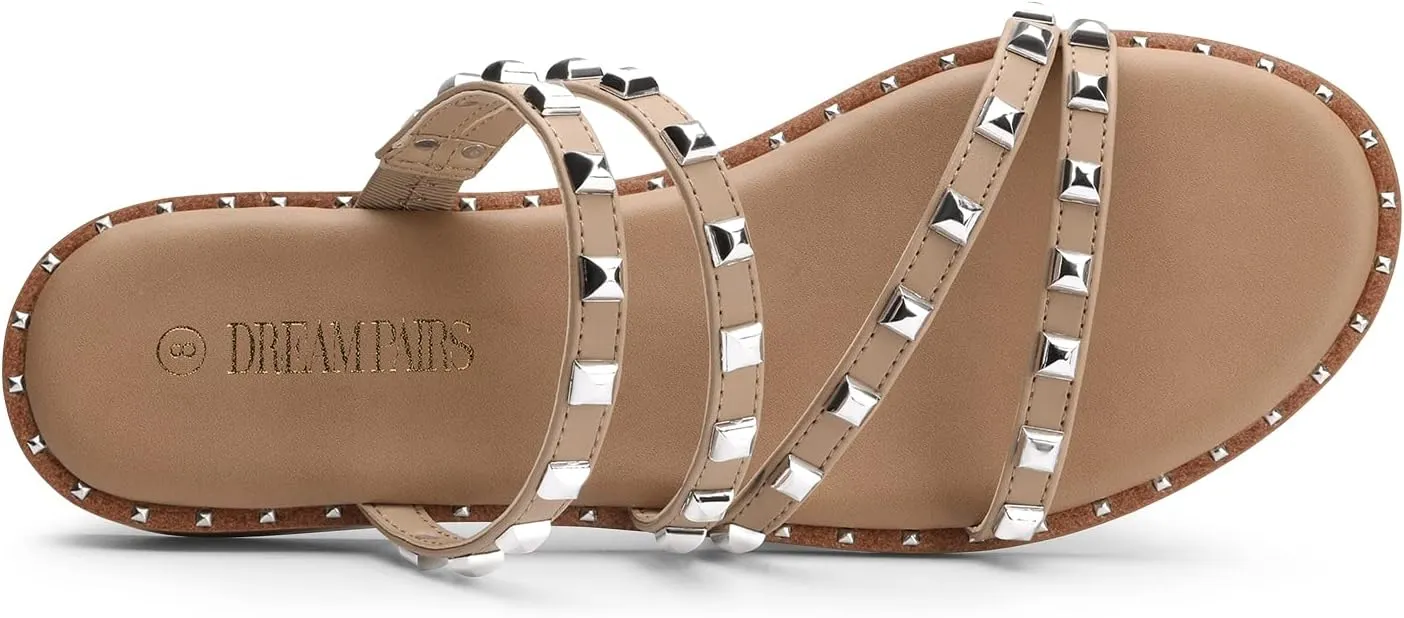 DREAM PAIRS Women's Clear Studded Rhinestone Slide Sandals Slip on Open Toe Cute Flat Sandals for Summer