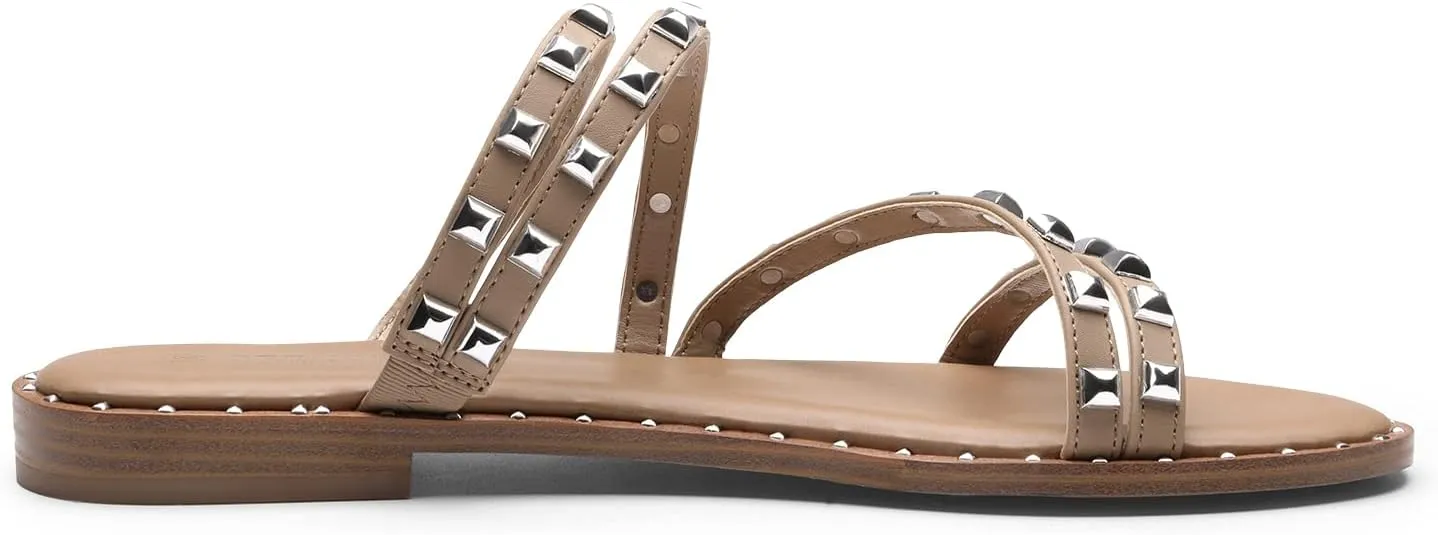 DREAM PAIRS Women's Clear Studded Rhinestone Slide Sandals Slip on Open Toe Cute Flat Sandals for Summer