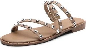 DREAM PAIRS Women's Clear Studded Rhinestone Slide Sandals Slip on Open Toe Cute Flat Sandals for Summer