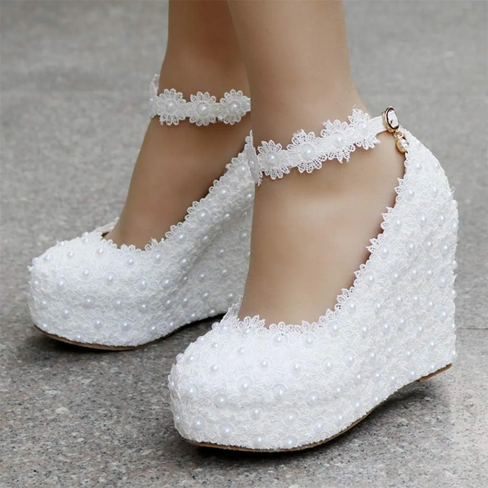 Dressfirst White Lace Wedding Shoes Wedge Heel Closed Toe Platform Pumps Wedges Maryjane with Buckle Imitation Pearl Rhinestone Applique