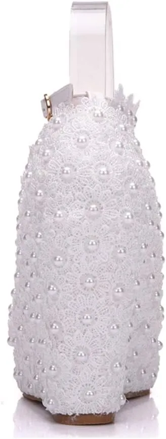 Dressfirst White Lace Wedding Shoes Wedge Heel Closed Toe Platform Pumps Wedges Maryjane with Buckle Imitation Pearl Rhinestone Applique
