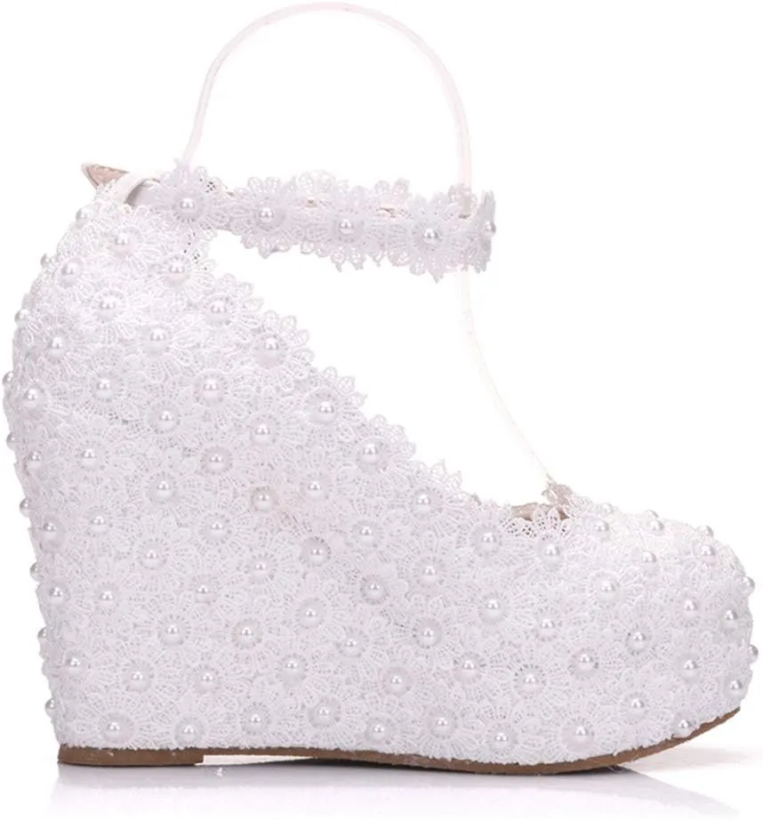 Dressfirst White Lace Wedding Shoes Wedge Heel Closed Toe Platform Pumps Wedges Maryjane with Buckle Imitation Pearl Rhinestone Applique