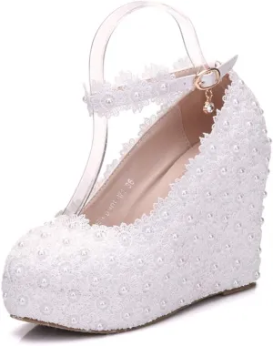 Dressfirst White Lace Wedding Shoes Wedge Heel Closed Toe Platform Pumps Wedges Maryjane with Buckle Imitation Pearl Rhinestone Applique