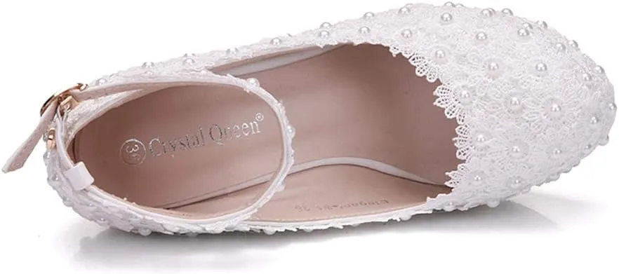 Dressfirst White Lace Wedding Shoes Wedge Heel Closed Toe Platform Pumps Wedges Maryjane with Buckle Imitation Pearl Rhinestone Applique