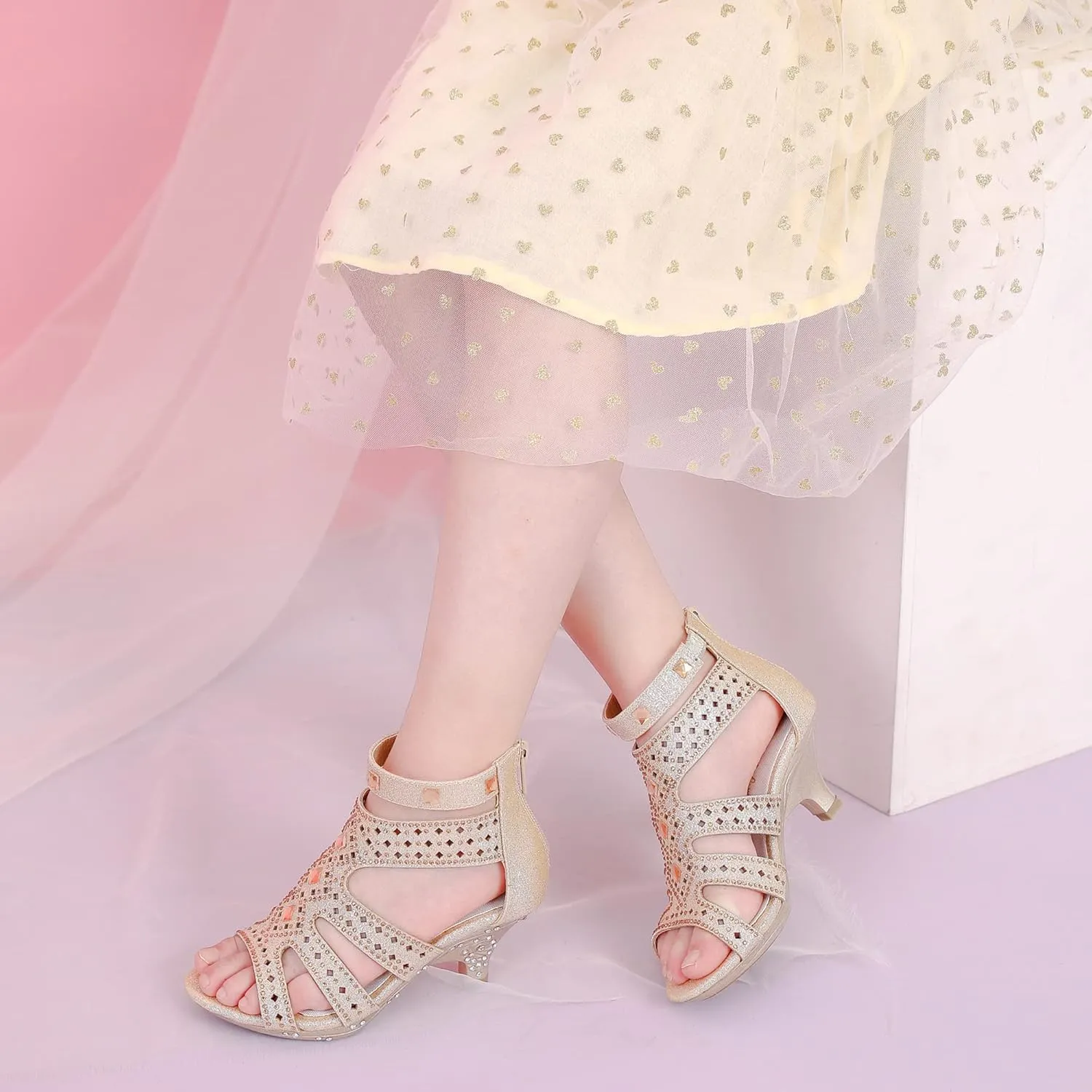 Dufannie Toddler Little Big Kid High Heels Flower Girls Party Dress Shoes Glitter Pump Sandals
