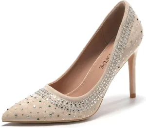 EBYNUE Women's Pumps Sexy Rhinestone High Heels 4 inch Pointed Closed Toe Stiletto Heel Evening Party Wedding Comfortable Dress Shoes