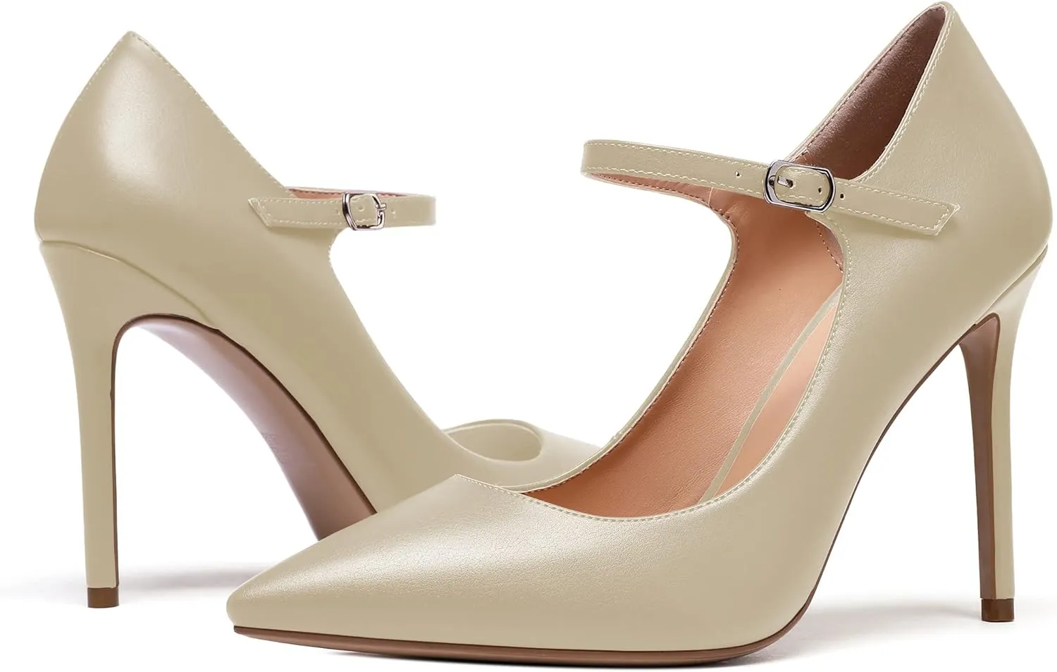 Eldof Women's 100mm High Heel Pointed Toe Mary Jane Pumps Ankle Strap Buckle Closure Shoes