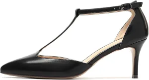 Eldof Womens Kitten Heel Pumps T-Strap Ankle Buckle Pumps2.6 Pointed Toe Classic Office Dress Heels
