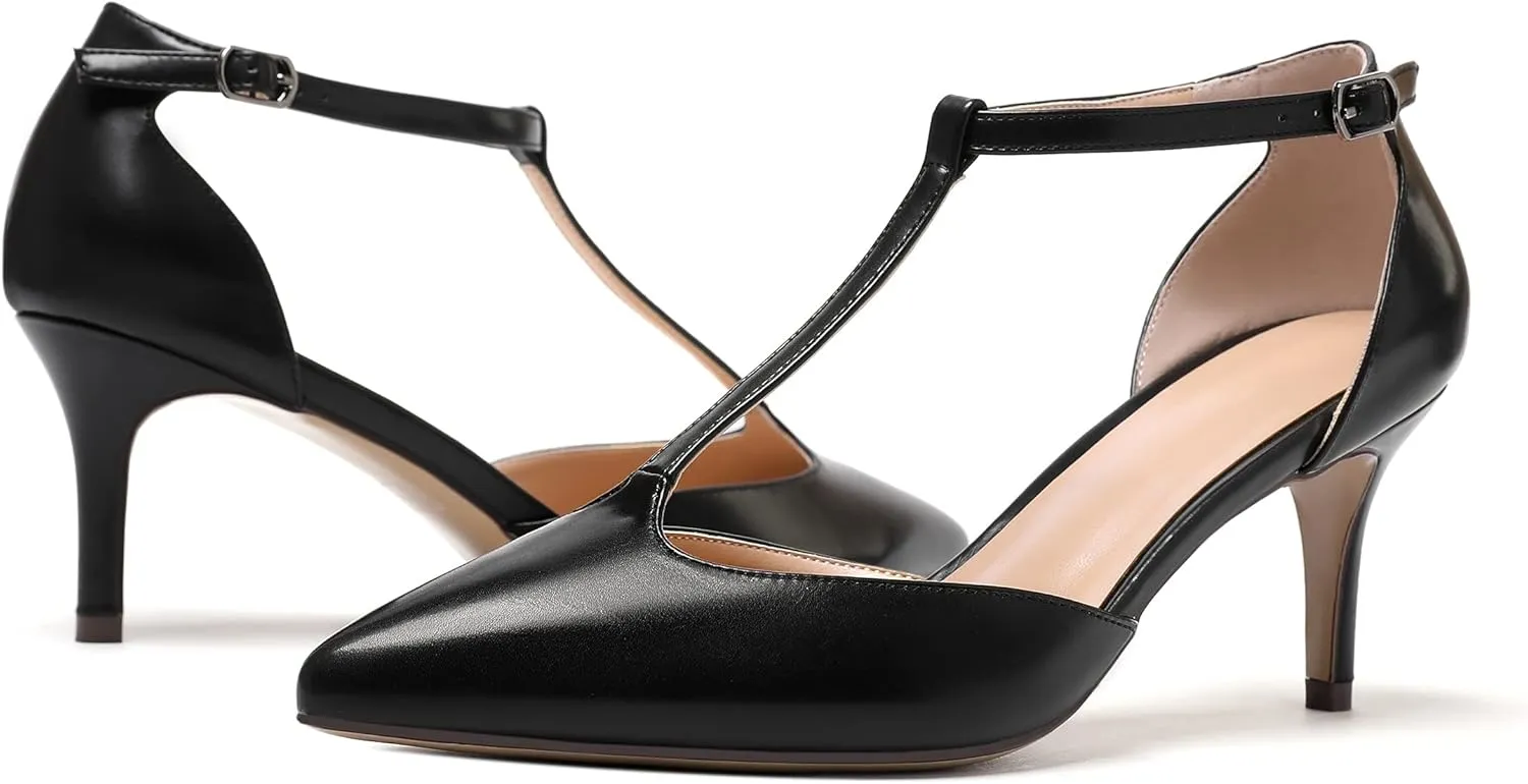 Eldof Womens Kitten Heel Pumps T-Strap Ankle Buckle Pumps2.6 Pointed Toe Classic Office Dress Heels