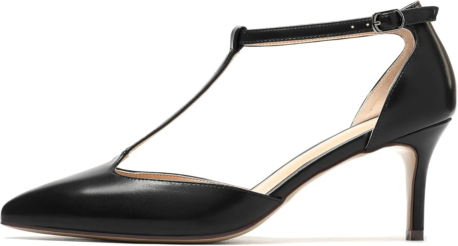 Eldof Womens Kitten Heel Pumps T-Strap Ankle Buckle Pumps2.6 Pointed Toe Classic Office Dress Heels