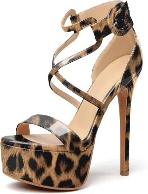 Eldof Women's Platform Sandals Ankle Strap 5.9" High Heels Cross Strap Stilettos Open Toe Ankle Strap Crisscross Sandals