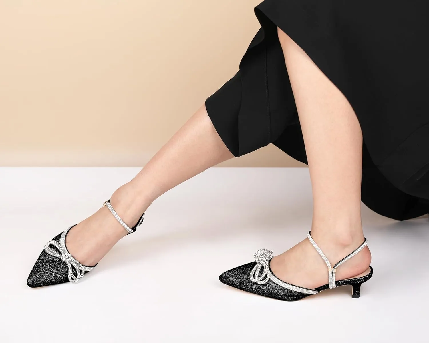 Eldof Women's Rhinestone Bow Heels Sparkly Ankle Strap Closed Pointed Toe Kitten Low Heel Pumps 1.5 Inches