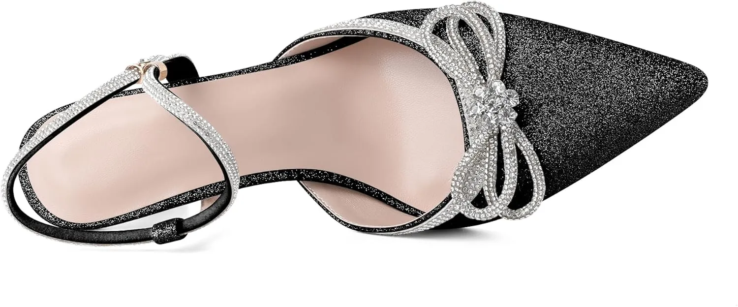Eldof Women's Rhinestone Bow Heels Sparkly Ankle Strap Closed Pointed Toe Kitten Low Heel Pumps 1.5 Inches