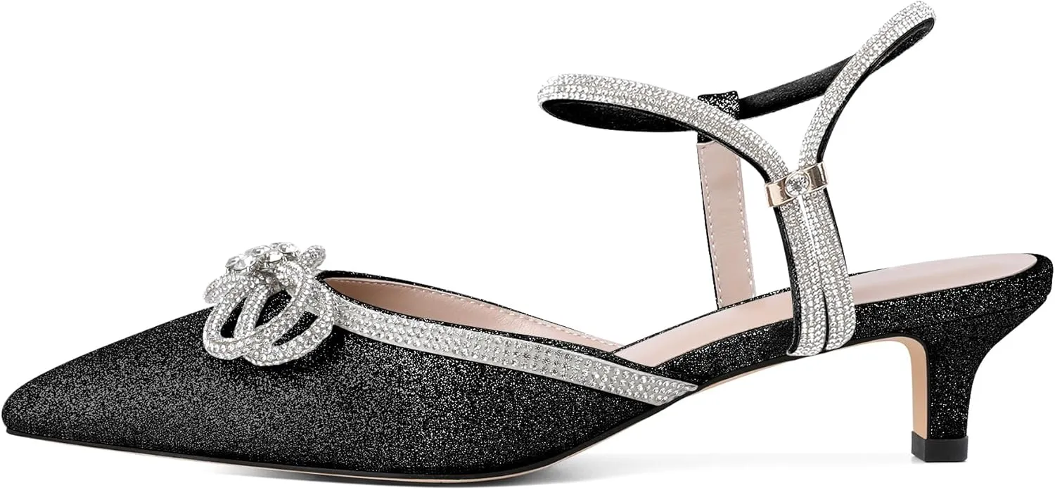 Eldof Women's Rhinestone Bow Heels Sparkly Ankle Strap Closed Pointed Toe Kitten Low Heel Pumps 1.5 Inches
