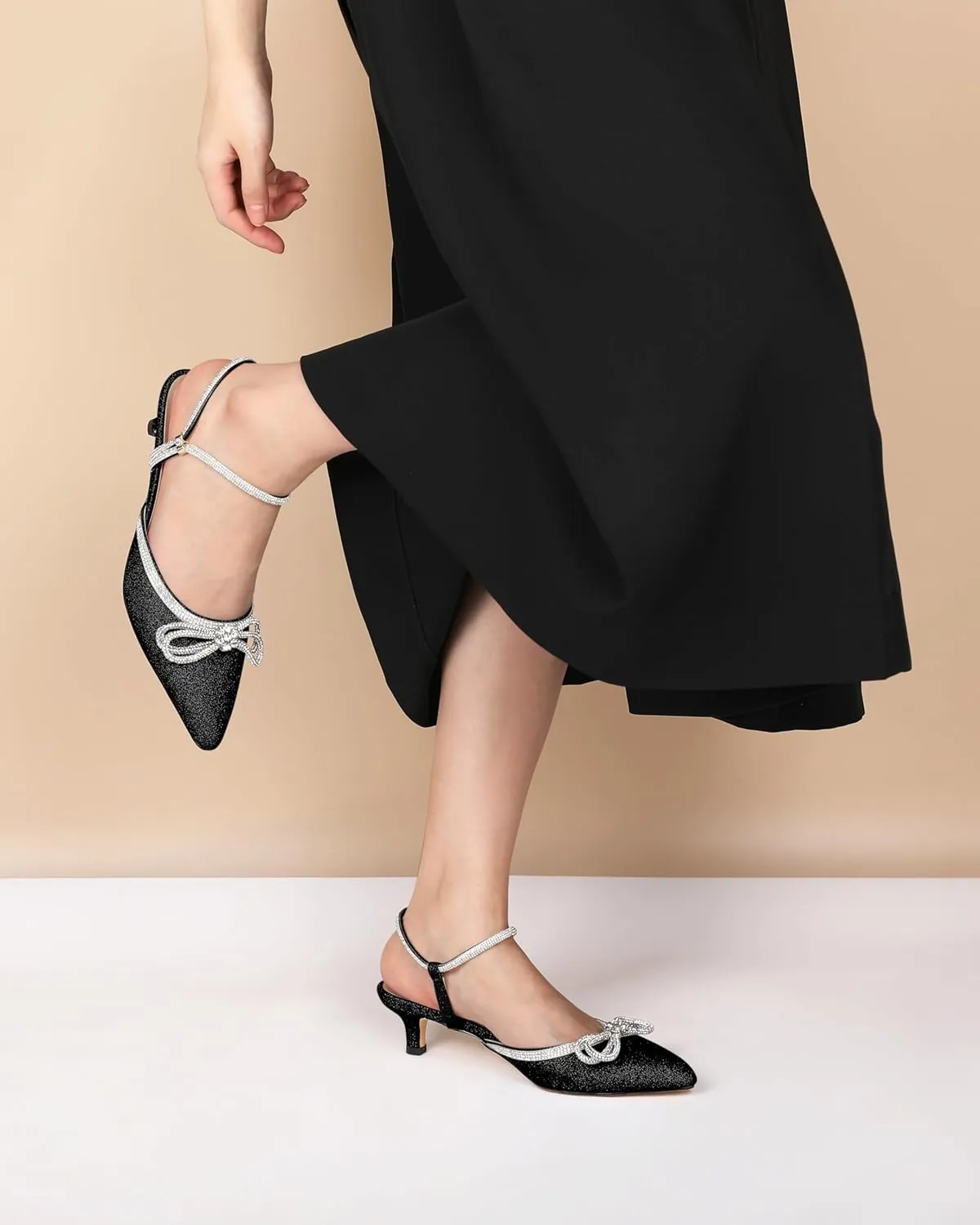 Eldof Women's Rhinestone Bow Heels Sparkly Ankle Strap Closed Pointed Toe Kitten Low Heel Pumps 1.5 Inches