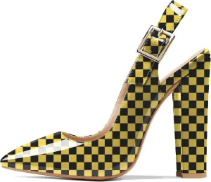 Eldof Women's Slingback Pointed Toe Pumps Ankle Strap Chunky High Heels 4.7" High Block Heel Pumps Dress Shoes