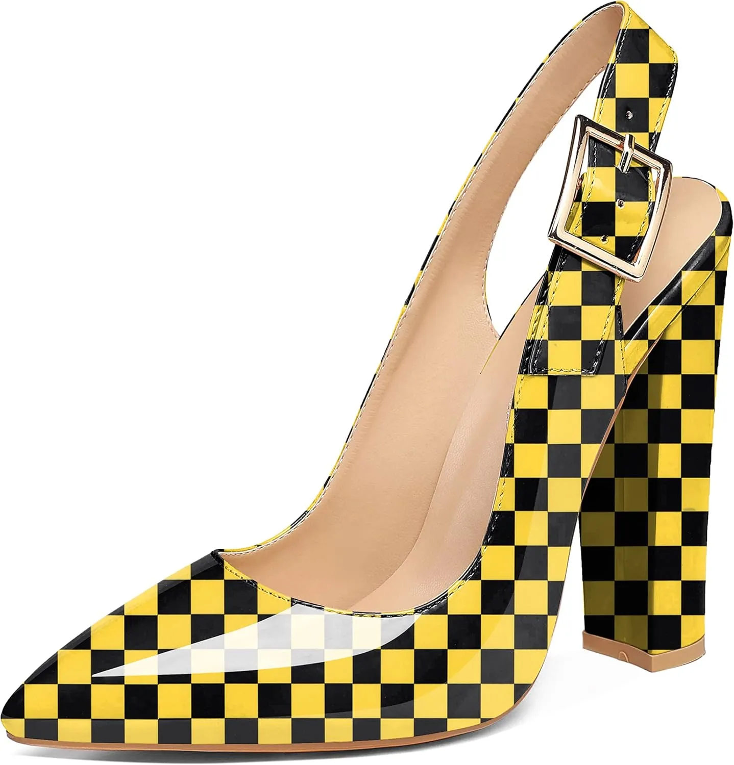 Eldof Women's Slingback Pointed Toe Pumps Ankle Strap Chunky High Heels 4.7" High Block Heel Pumps Dress Shoes