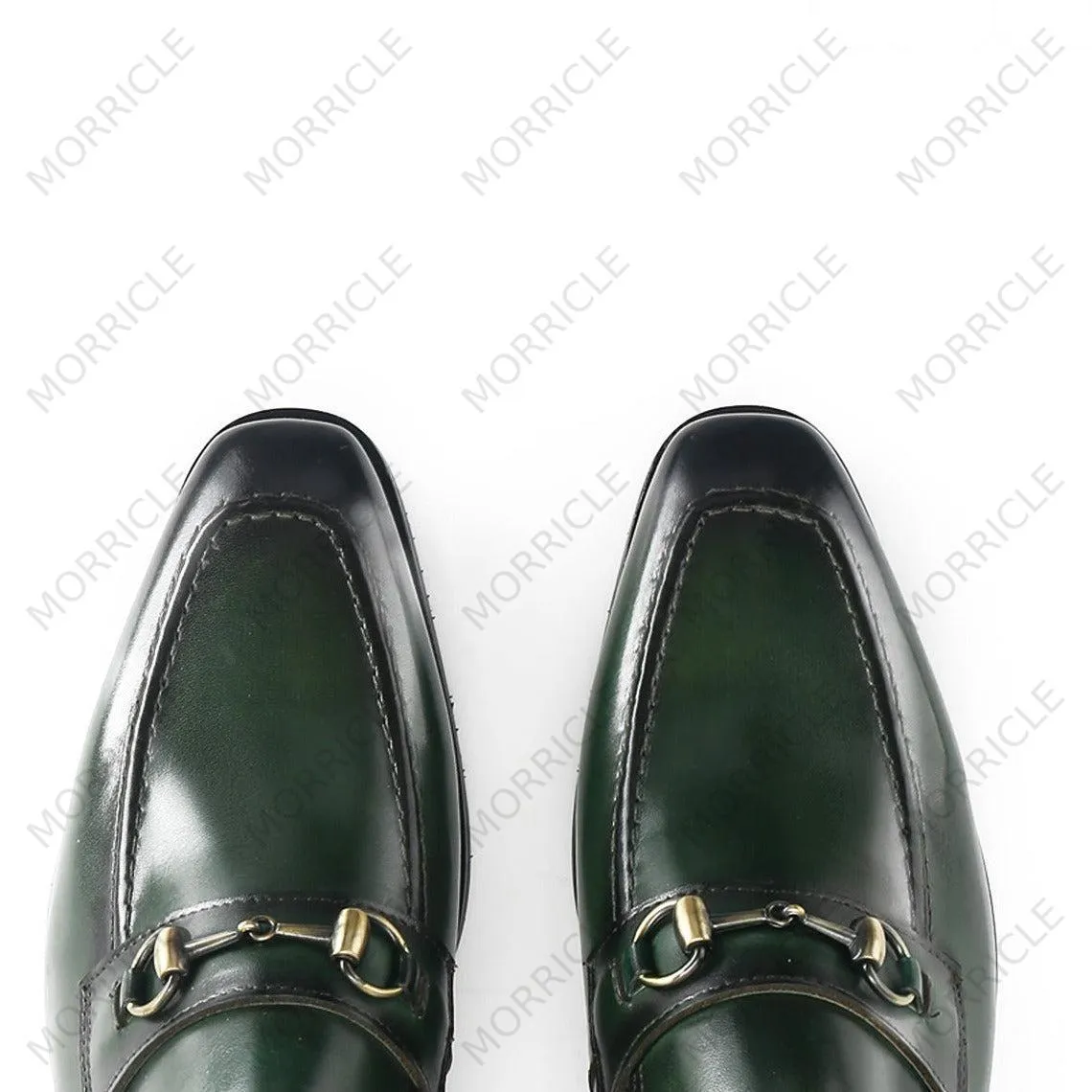 Elegant Green Patina Horsebit Loafers