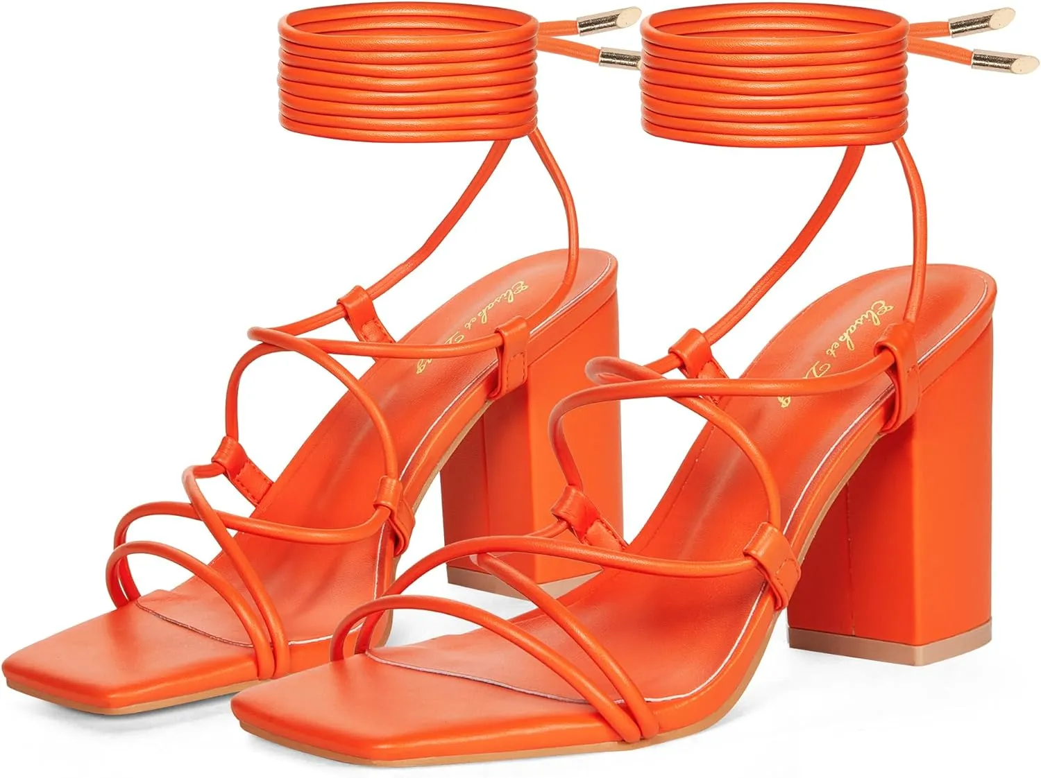 Elisabet Tang Square Toe Strappy Chunky Heels Sandals, 3 inch Women's Lace Up Low Block Heels Ankle Wrap Heels Square Open Toe Tie Up Heeled Sandals for Wedding Dress Shoes