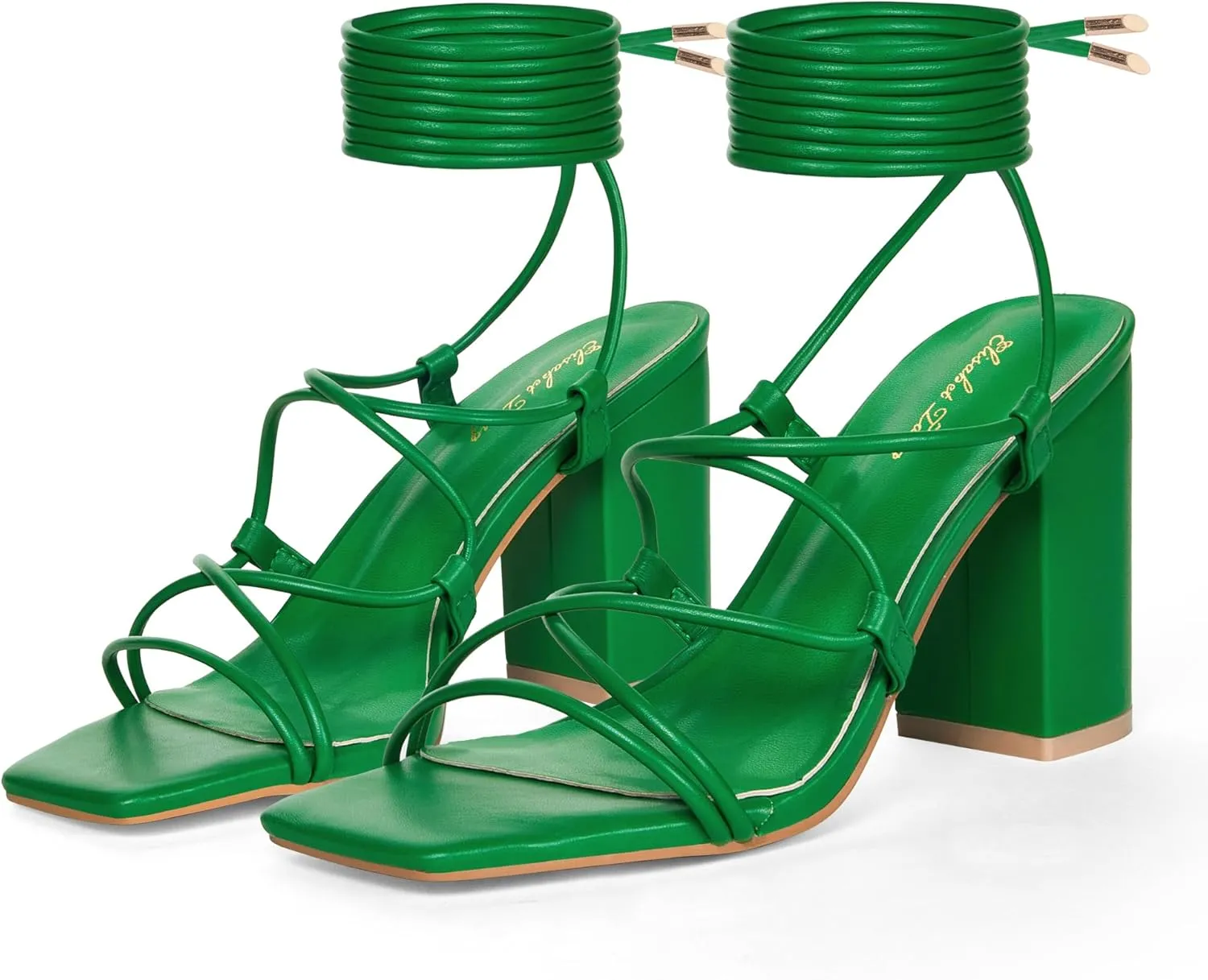 Elisabet Tang Square Toe Strappy Chunky Heels Sandals, 3 inch Women's Lace Up Low Block Heels Ankle Wrap Heels Square Open Toe Tie Up Heeled Sandals for Wedding Dress Shoes