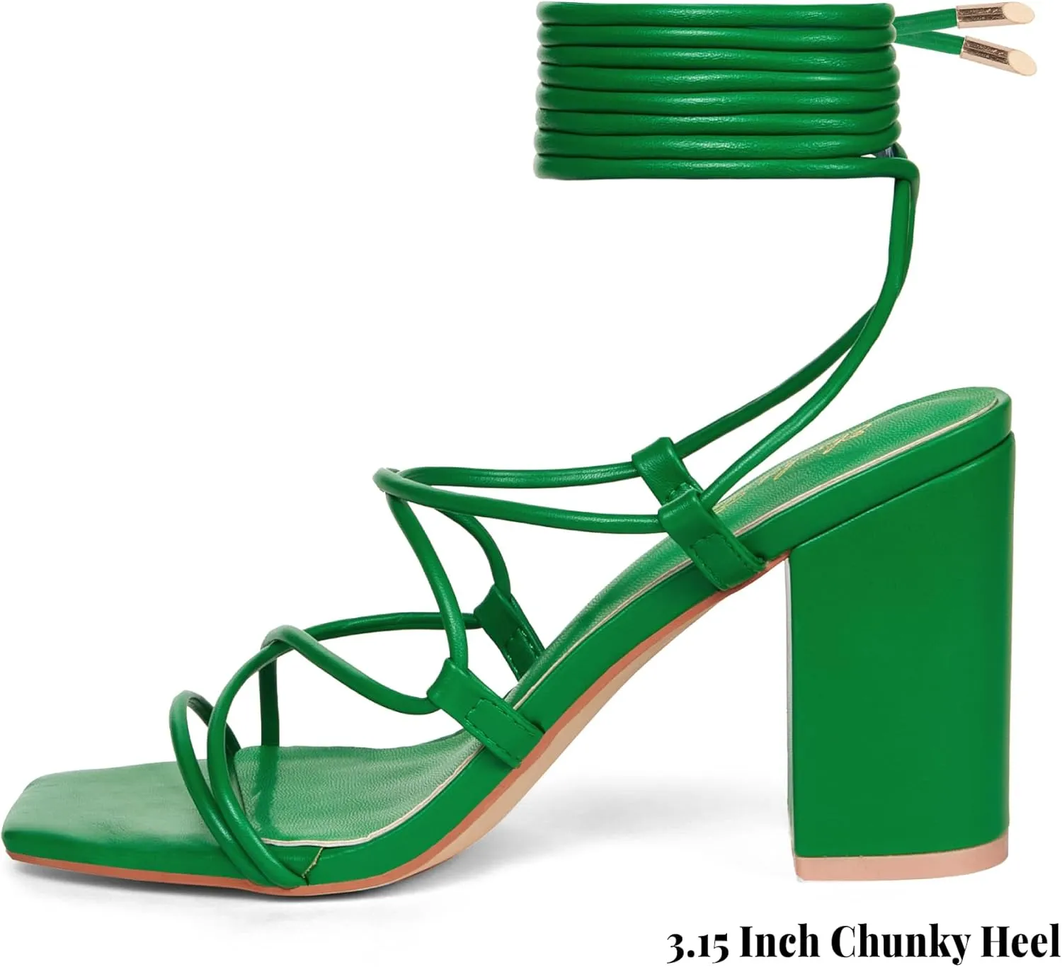 Elisabet Tang Square Toe Strappy Chunky Heels Sandals, 3 inch Women's Lace Up Low Block Heels Ankle Wrap Heels Square Open Toe Tie Up Heeled Sandals for Wedding Dress Shoes