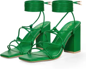 Elisabet Tang Square Toe Strappy Chunky Heels Sandals, 3 inch Women's Lace Up Low Block Heels Ankle Wrap Heels Square Open Toe Tie Up Heeled Sandals for Wedding Dress Shoes