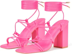Elisabet Tang Square Toe Strappy Chunky Heels Sandals, 3 inch Women's Lace Up Low Block Heels Ankle Wrap Heels Square Open Toe Tie Up Heeled Sandals for Wedding Dress Shoes
