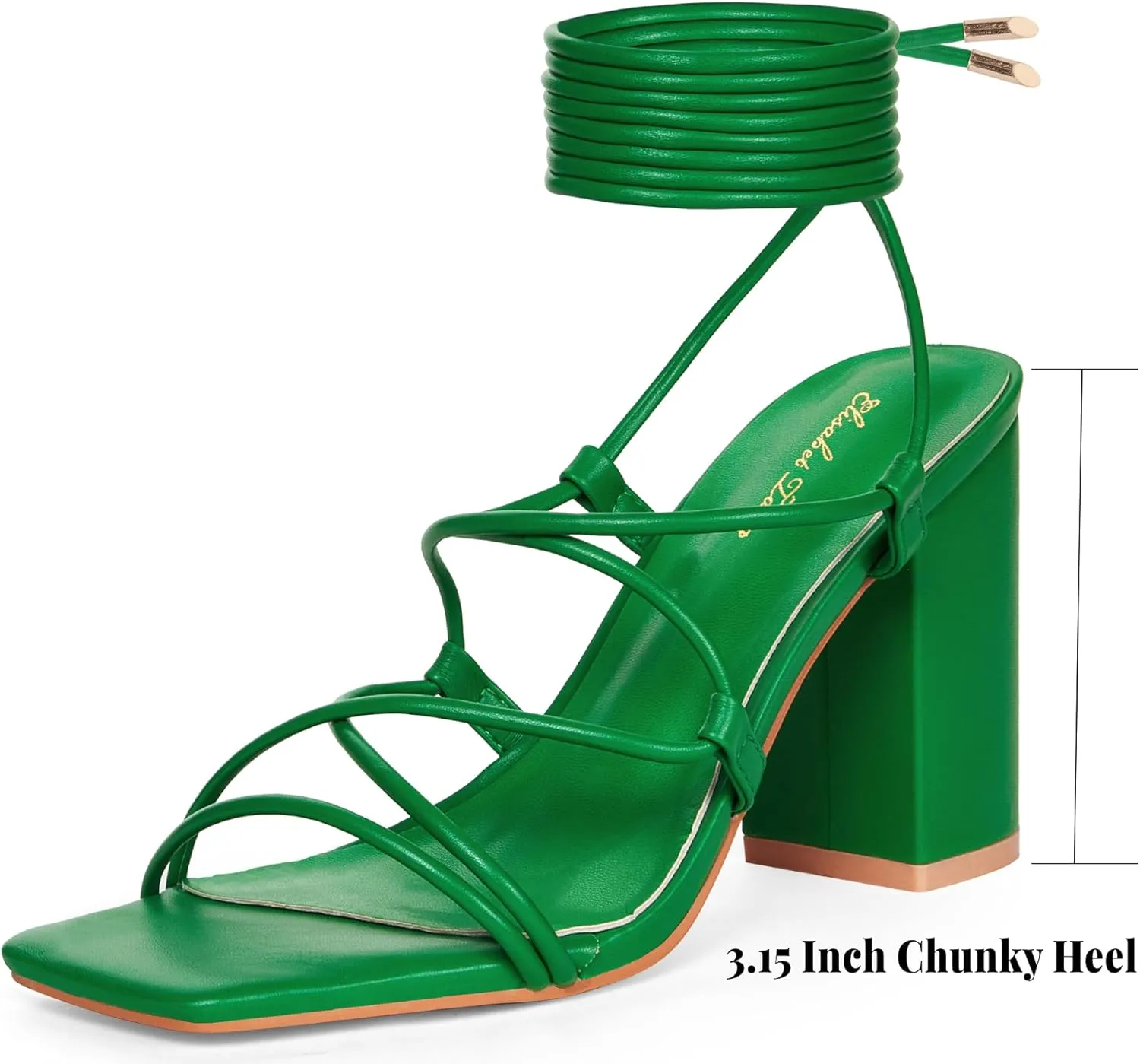 Elisabet Tang Square Toe Strappy Chunky Heels Sandals, 3 inch Women's Lace Up Low Block Heels Ankle Wrap Heels Square Open Toe Tie Up Heeled Sandals for Wedding Dress Shoes