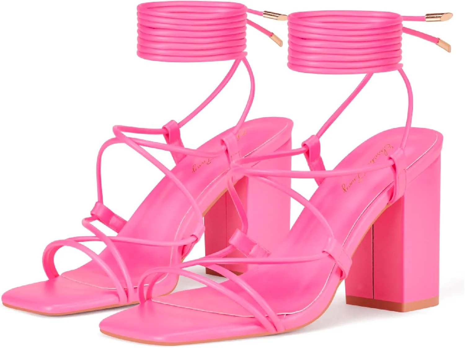 Elisabet Tang Square Toe Strappy Chunky Heels Sandals, 3 inch Women's Lace Up Low Block Heels Ankle Wrap Heels Square Open Toe Tie Up Heeled Sandals for Wedding Dress Shoes