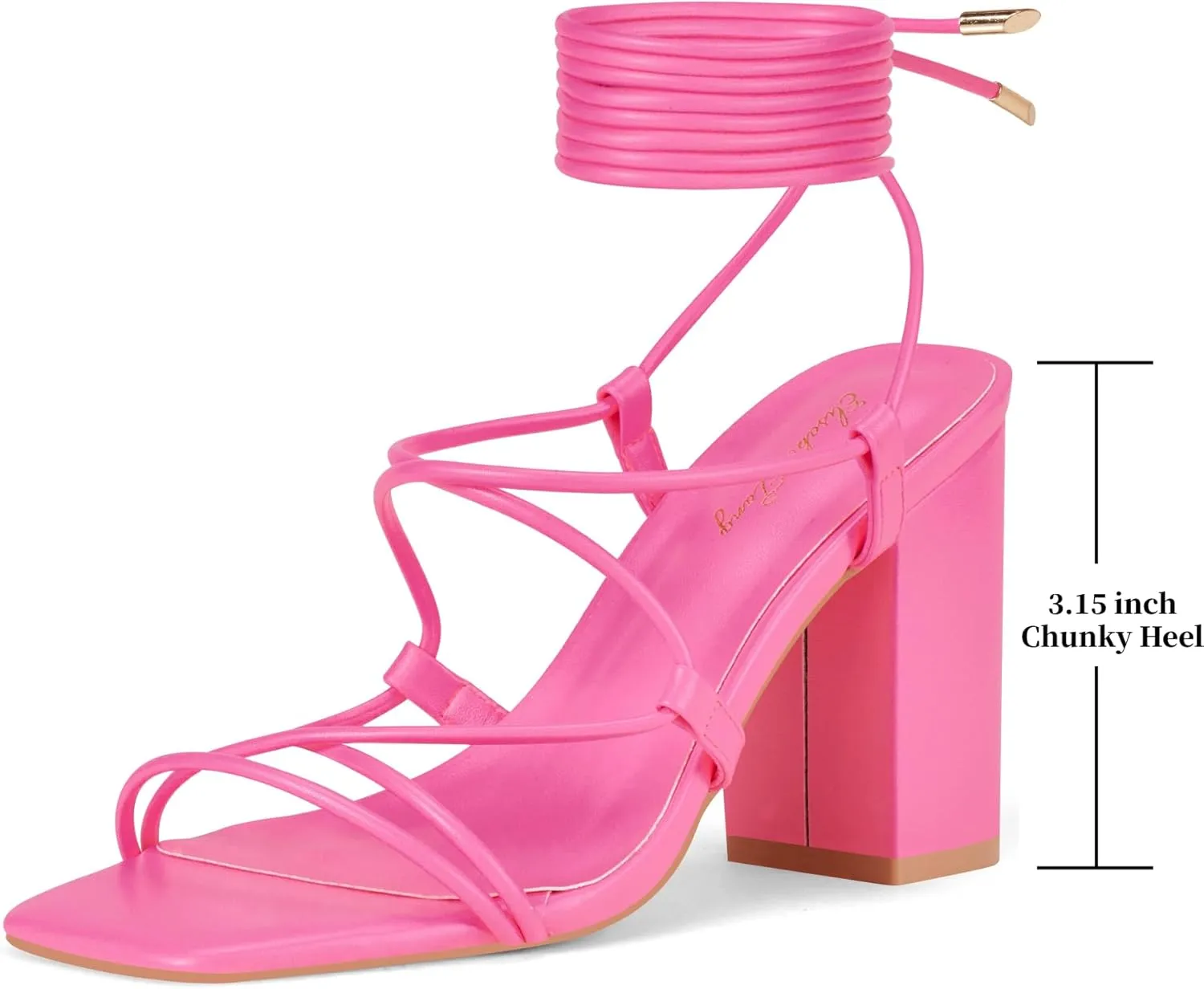 Elisabet Tang Square Toe Strappy Chunky Heels Sandals, 3 inch Women's Lace Up Low Block Heels Ankle Wrap Heels Square Open Toe Tie Up Heeled Sandals for Wedding Dress Shoes