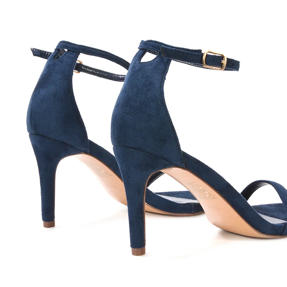 Emma Square Toe Stiletto High Heel Summer Sandals With Ankle Strap in Black Synthetic Leather