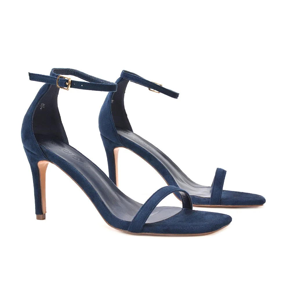 Emma Square Toe Stiletto High Heel Summer Sandals With Ankle Strap in Black Synthetic Leather