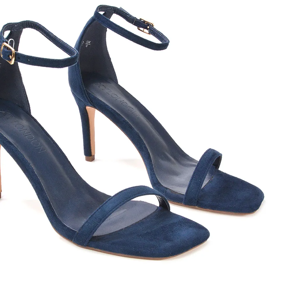 Emma Square Toe Stiletto High Heel Summer Sandals With Ankle Strap in Black Synthetic Leather