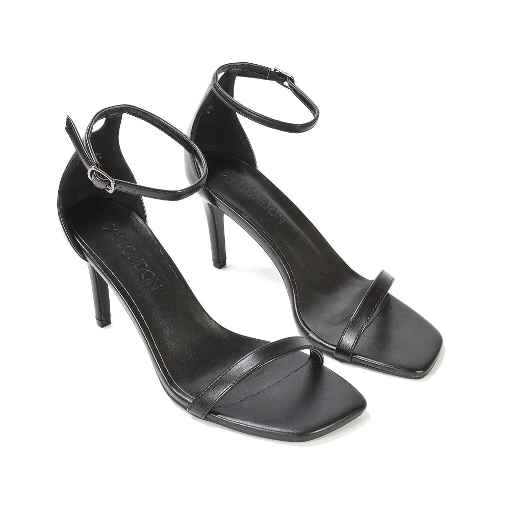 Emma Square Toe Stiletto High Heel Summer Sandals With Ankle Strap in Black Synthetic Leather