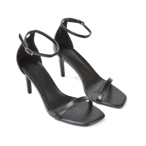Emma Square Toe Stiletto High Heel Summer Sandals With Ankle Strap in Black Synthetic Leather