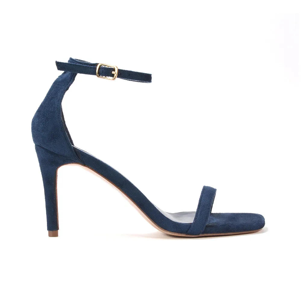 Emma Square Toe Stiletto High Heel Summer Sandals With Ankle Strap in Black Synthetic Leather