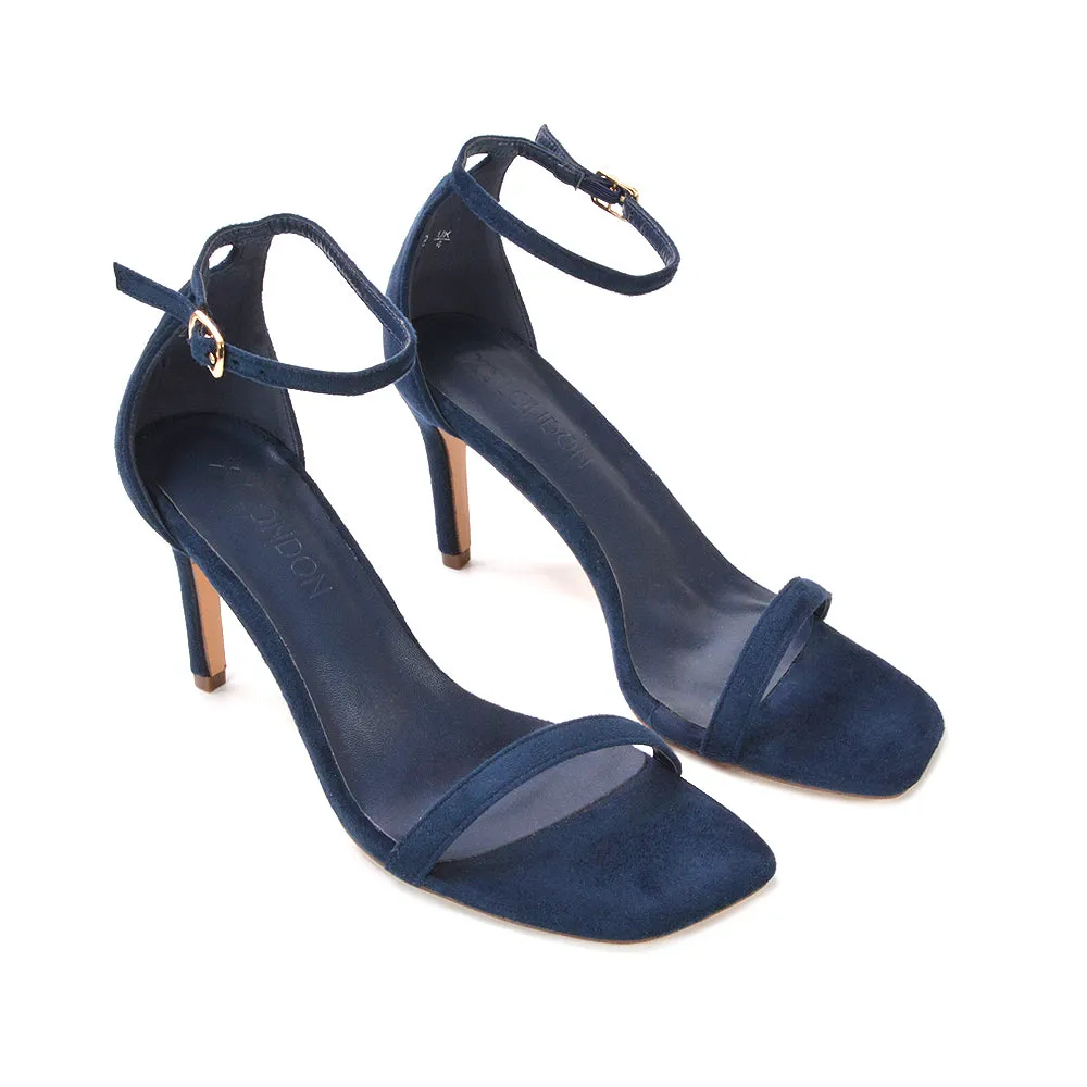 Emma Square Toe Stiletto High Heel Summer Sandals With Ankle Strap in Black Synthetic Leather