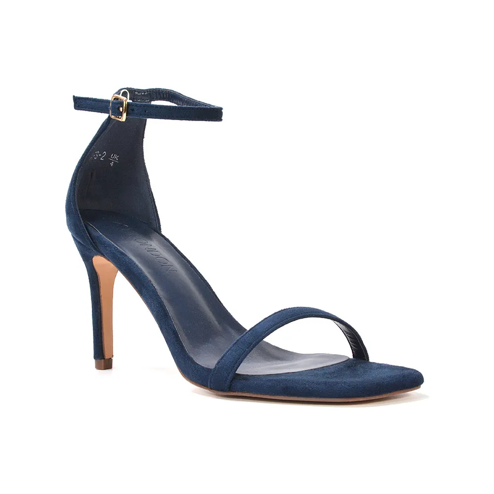 Emma Square Toe Stiletto High Heel Summer Sandals With Ankle Strap in Black Synthetic Leather
