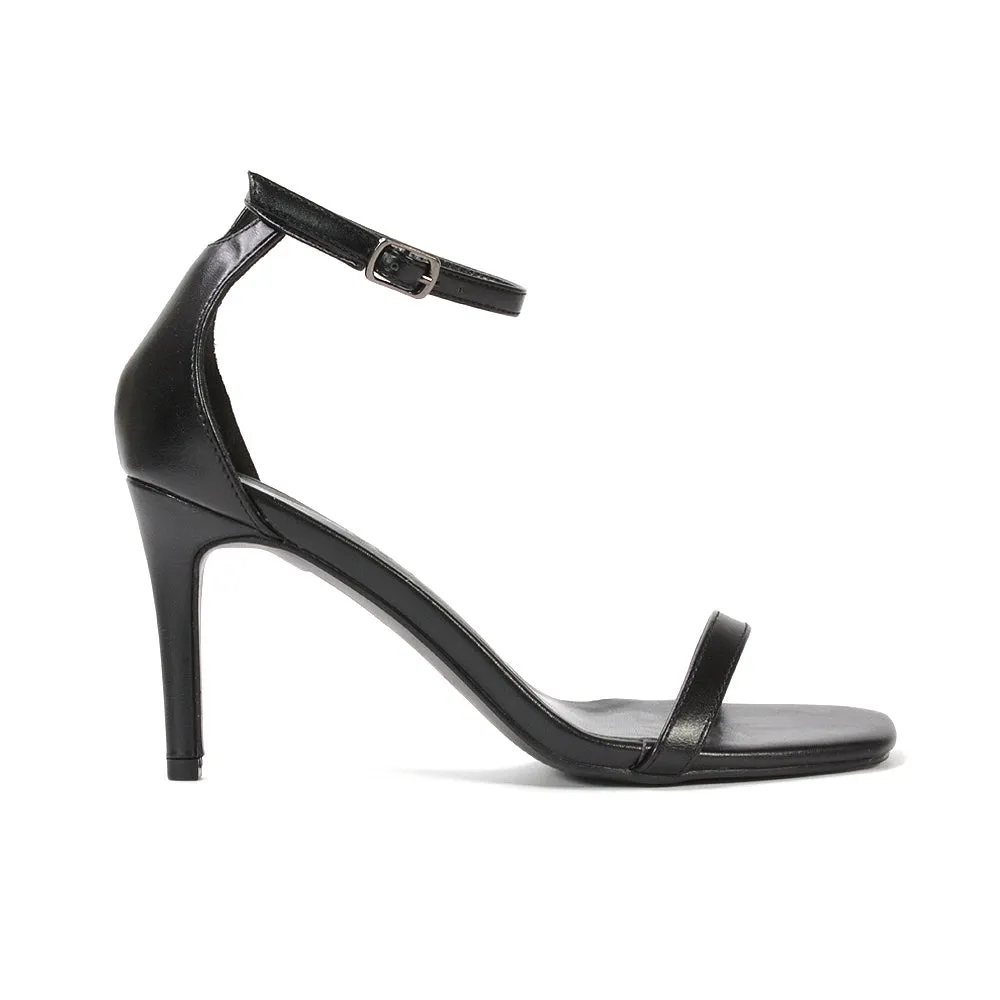 Emma Square Toe Stiletto High Heel Summer Sandals With Ankle Strap in Black Synthetic Leather